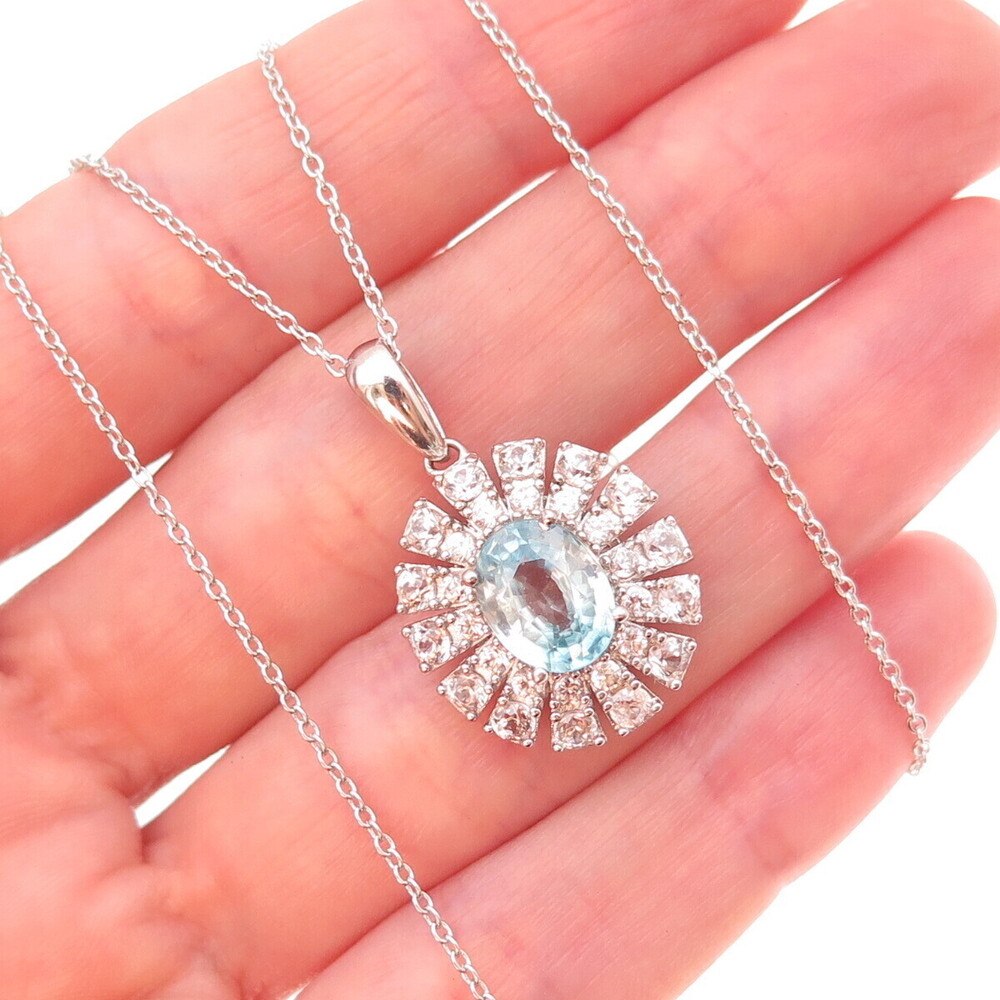 925 Sterling Silver Real Blue & White Topaz Floral Cable Chain Necklace 18"